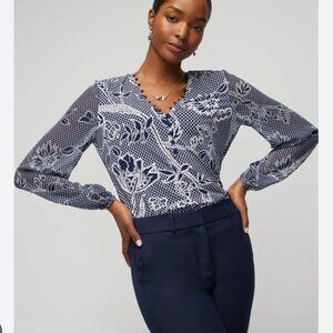 WHBM Navy Blue Matte Jersey Woven Sleeve Blouse Chiffon Flowy Balloon Sleeve XL